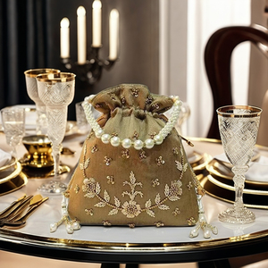 Mini bolso de mano a la moda para mujer, bolso Potli, Perla de seda y Zardosi, bordado, cierre de cordón de noche - Product Image 2