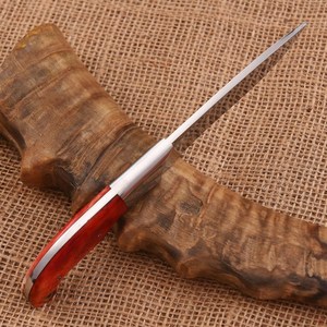 Cuchillo de caza de acero inoxidable forjado a mano con pulido espejo, 58 HRC, punta de gota, grado industrial, afilado como una navaja, mango de micarta y cuero. - Product Image 4