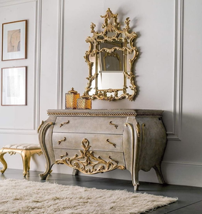 Vintage metallic silver curved wooden dresser <b>table</b> featuring <b>gold</b> details and frame mirror, available at wholesale prices. - Product Image 1