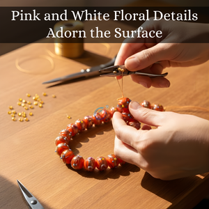 Cuentas Sueltas de Vidrio Lampwork Naranja de 12 mm |   Separador Redondo Artesanal con Detalle de Lámina |   Suministros para la Fabricación de Joyería Artesanal |   Longitud del hilo de 8 pulgadas - Product Image 4