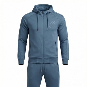 Chándal Azul con Capucha para Hombre, Cierre Completo, Color Sólido, Ropa Deportiva Informal con Bolsillos Laterales, Corte Regular, Ropa de Otoño - Product Image 1