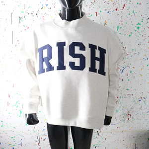 RISH ASH GREY <b>Mock</b> <b>Neck</b> Sweatshirt 100% NAVY BLUE Applique Embroidery wide <b>neck</b> Sweatshirt Finer Threads - Product Image 1