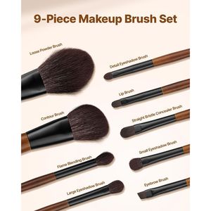 Ensemble de 9 pinceaux de maquillage professionnels en laine naturelle douce et synthétique végétalienne pour le fond de teint et l'application des fards à paupières - Product Image 2
