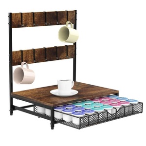 Support à café en bois brun avec tiroir pour 8 tasses et crochets, support pour machine à café et rangement pour dosettes pour la maison et la cuisine - Product Image 3