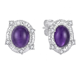Boucles d'oreilles clous ovales en argent sterling 925 avec améthyste violette, bijoux Halo pour femme, cadeau de fête - Product Image 1