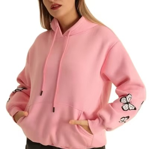 Sudadera con Capucha Oversize Rosa para Mujer con Bordado de Mariposas en las Mangas, Corte Regular, Felpa, Ropa Casual de Otoño - Product Image 1