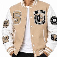 Vestes de sport beiges pour hommes, style preppy, avec patchs brodés, col rabattu, coupe classique, pour l'automne.