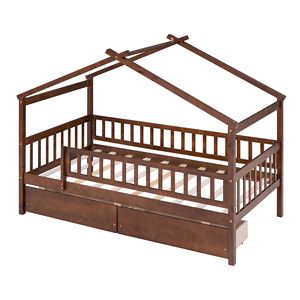 Letto a casetta in legno color noce, singolo, con due cassetti - Product Image 6