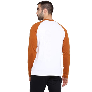 T-shirt à manches longues raglan pour homme, blanc et orange contrastés, coupe classique, col rond, jersey tricoté décontracté en coton, couleur unie - Product Image 2