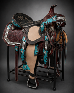 Premium Handmade Western Horse Saddle Genuine <b>Leather</b> Custom Cowboy Saddle with Turquoise Floral <b>Tooling</b> Silver Conchos - Product Image 4