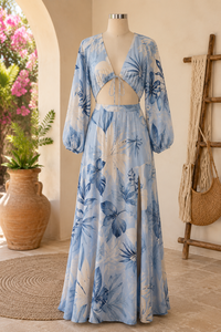 Robe longue formelle bohème pour femme, coupe trapèze |   Robe d'été à manches longues, col en V profond, imprimée, pour les vacances à la plage - Product Image 2