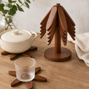Wooden 5 in 1 Collapsible Trivet Set | Foldable Hot Pot <b>Stand</b> & Coaster Wooden <b>Pan</b> Holder-Kitchen and Dining Table Decor - Product Image 4