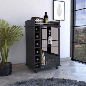 Carrello Bar a Due Ripiani Baltimore, Finitura Nero Wengue con Porta in Vetro, Sei Scomparti per Vino, per Set di Servizio Bevande - Product Image 1