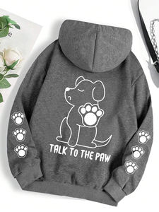 Sudadera con capucha divertida con estampado de dibujos animados de perros Talk To The Paw para mujer, cálida de forro polar, a la moda, informal, con capucha, holgada, de cuello redondo, tops de otoño para mujer - Product Image 6
