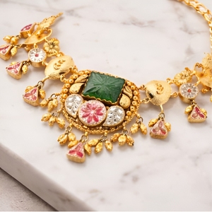 Traditional Indian Gold Necklace Set with Green Emerald Pink <b>Stones</b> and Matching Earrings Bridal Ethnic Temple Jewelry - Product Image 2
