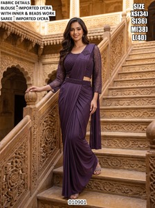 Sari élégant en polyester marron avec chemisier perlé pour femme, idéal pour les mariages, coupe classique, longueur ras du sol, extensible, style indien - Product Image 4