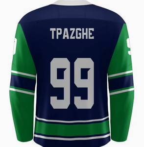 Maillot de hockey sur glace personnalisé pour hommes, manches longues, rayures bleu marine et vert, polyester respirant, col rond, uniforme adulte - Product Image 5