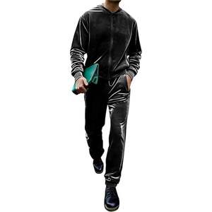 Conjunto de 2 piezas de chándal de terciopelo para hombre: Sudadera de manga larga con cremallera completa y pantalones jogger, conjunto de chaqueta y pantalones de terciopelo - Product Image 1