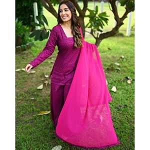 Ensemble de costume en mousseline de soie couleur vin, brodé Chikankari, taille XS pour femmes - Product Image 5