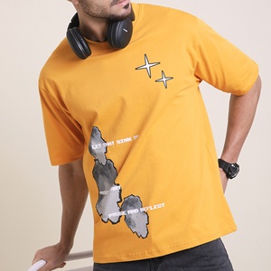 Camiseta de Algodón para Hombre, 180 GSM, Estampado Gráfico de Estrellas, Cuello Redondo, Amarillo, Estilo Urbano, Talla Grande, Fabricante de Ropa - Product Image 4