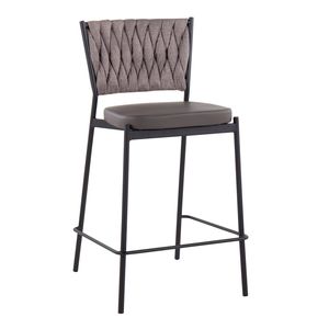 Tania Contemporary Counter <b>Stool</b> by Set of 2 Braided Black Metal Grey Faux <b>Leather</b> and Light Brown Fabric for Modern Bars - Product Image 2