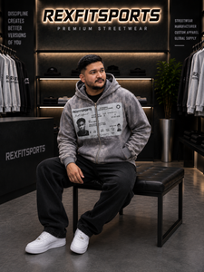 REXFITSPORTS 2026 <b>Men</b>’s Washed <b>Grey</b> Oversized Zip Up Hoodie Custom Photo Graphic Print Premium Cotton <b>Fleece</b> Streetwear Jacket - Product Image 5