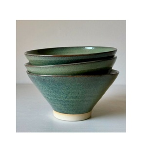 Ensemble de 3 bols à ramen en céramique à glaçure réactive – Bols à nouilles en grès vert moucheté rustique avec base non émaillée - Product Image 1