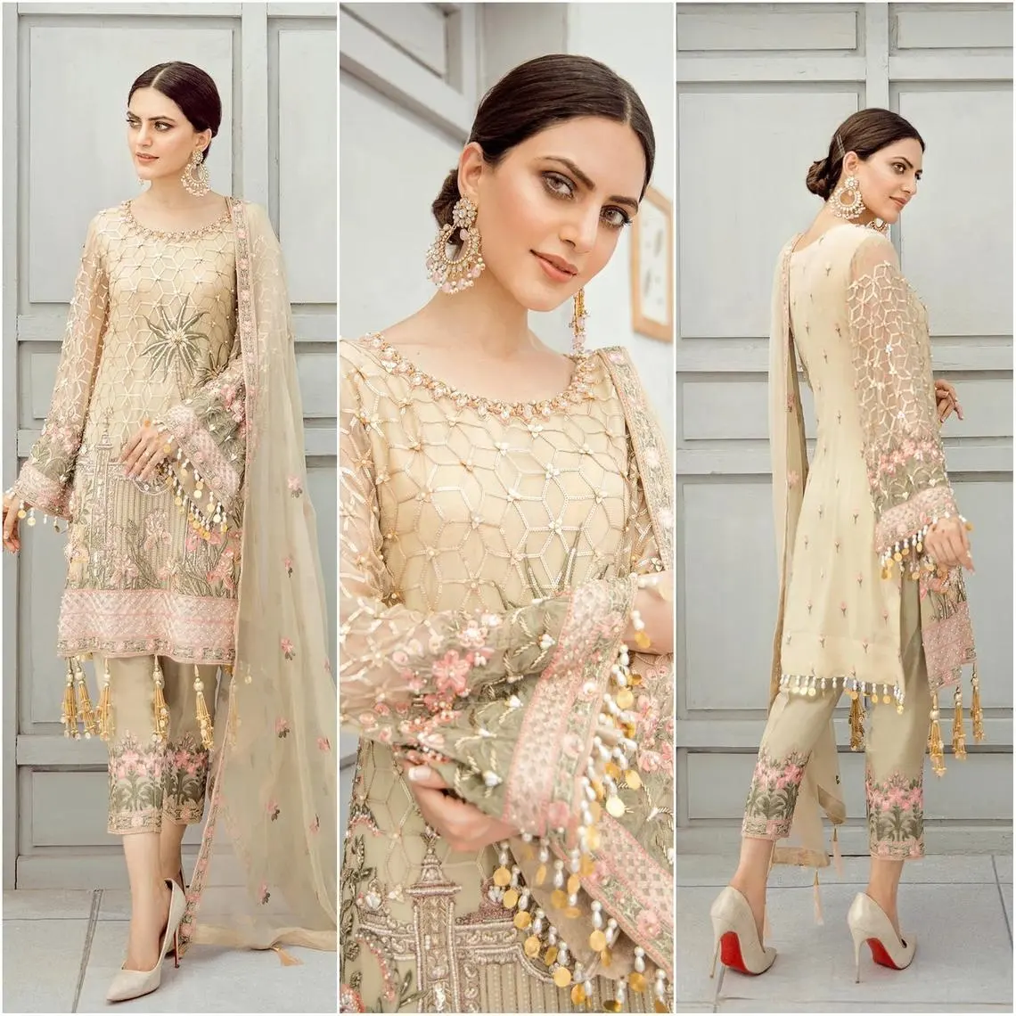 Pakistani hint düğün nakış elbise bej şifon koleksiyonu Eid tarzı takım elbise son Salwar Kameez sıcak satış elbise 2021