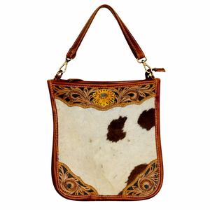 Bolso Bandolera de Cuero Genuino Hecho a Mano con Pelo de Vaca, Diseño Geométrico Repujado, Estilo Vintage Western para Mujer - Product Image 1