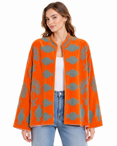 Women Velvet Embroidered <b>Quilted</b> <b>Jacket</b> O-Neck Regular Sleeve Floral Boho Style Winter Coat Handmade Suzani <b>Pattern</b> Reversible - Product Image 1