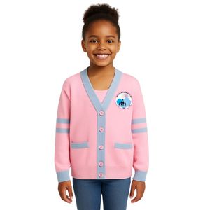 Jack and Jill Girls Pink Blue V Neck Knit <b>Cardigan</b> Button Front Long Sleeve Contrast Stripe School Sweater with Pockets Kids - Product Image 1
