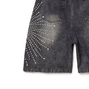SE812 <b>Mens</b> Starburst Rhinestone Denim <b>Shorts</b> Washed <b>Black</b> Symmetrical Crystal Design Acidwash Allover Rhinestones Denim <b>Shorts</b> - Product Image 6