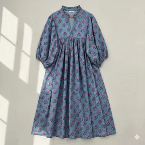 Vintage Sky Blue Floral Block Print Cotton Midi <b>Dress</b> With Puff Sleeve <b>Loose</b> Fit V-Neck Summer <b>Dress</b> For Women - Product Image 4