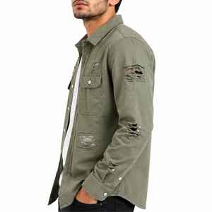Chemise en jean vert olive pour homme, manches longues, col rabattu, coupe classique, style délavé, couleur unie, respirante - Product Image 2