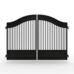 Elegante Puerta Doble de Hierro Negro con Parte Superior Arqueada y Tachuelas Ornamentales, Puerta de Estilo Clásico para Exteriores - Product Image 1