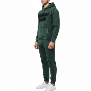 Custom Front Dark Green Acid Wash Breathable Eco-Friendly Casual Winter Hooded Heavyweight Fleece Puffy <b>Embroidery</b> Men Tracksuit - Product Image 3