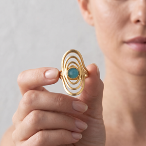 Natural Blue Chalcedony Swirl <b>Adjustable</b> <b>Ring</b> 18K Gold Plated Statement Boho Handmade Abstract Geometric Jewelry Gift Her - Product Image 2