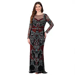 Robe de soirée longue de luxe à manches longues, élégante, avec encolure en maille, richement ornée de perles et de sequins, robe longue vintage brodée pour bal et soirée - Product Image 1