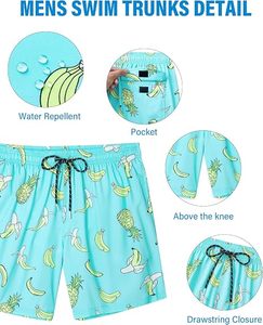 Shorts de plage pour hommes en polyester écologique à imprimé banane et ananas turquoise, séchage rapide, taille à cordon de serrage avec poches - Product Image 3