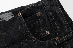 Jean large noir déchiré et vieilli pour homme, taille haute, en coton, style urbain, avec braguette boutonnée, poids moyen, pour l'automne - Product Image 3