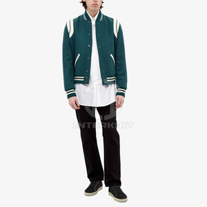 Chaqueta Bomber de Invierno Personalizada con Logotipo OEM, Chaqueta Letterman Verde para Hombre, Informal, de Alta Calidad, Elástica, de Lana, con Insignia Universitaria de Béisbol - Product Image 6