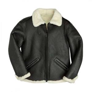 Blouson aviateur en cuir véritable pour homme, doublé en peau de mouton, coupe-vent, manteau d'hiver, style motard, fermeture éclair - Product Image 1