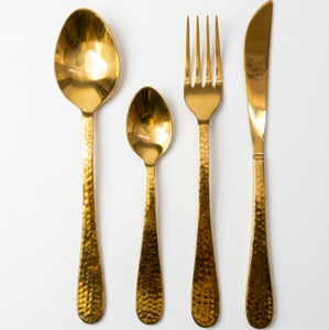 Hammered Handle Round Edges Gold <b>Flatware</b> Set Mirror Polished Stainless Steel Dinnerware Wedding Tableware Dishwasher - Product Image 2