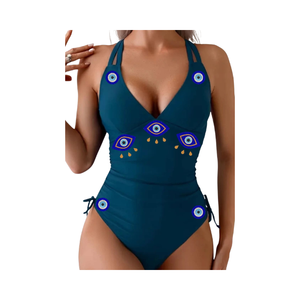 Traje de Baño Entero Negro de Moda con Escote Cuadrado y Patrón Geométrico con Cuentas de Perlas, Transpirable y Ajustado al Cuerpo - Product Image 4