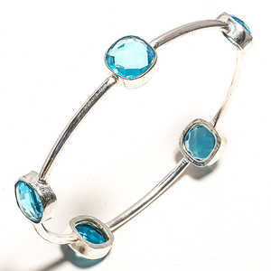 Blue Topaz Gemstone Trendy Christian Designer Women's <b>Silver</b> Plated Handmade Stacking <b>Bangle</b> For Women - Product Image 2