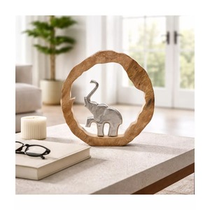 Sculpture d'éléphant circulaire en bois faite à la main, décoration de table, art moderne pour salon, thème animal, cadeau artisanal - Product Image 1
