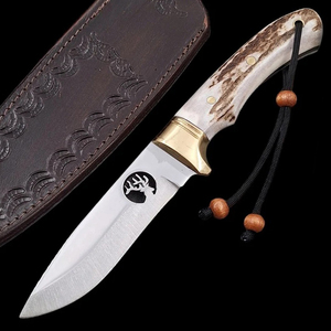 Couteau de chasse OEM Wirecut en acier Damas, couteau à dépecer, lame fixe avec manche en agneau, couteau de camping et d'extérieur EDC avec étui en cuir - Product Image 1