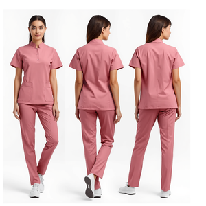Women's Dusty <b>Rose</b> Medical Scrub Suit Mandarin Collar <b>Top</b> and Tapered Pants Healthcare Uniform - Product Image 4