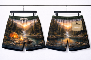 Shorts de bain pour hommes, motif paysage de camping, imprimé cascade, forêt, feu de camp, séchage rapide - Product Image 3