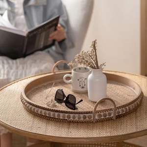 Ensemble de 3 plateaux de service en bois avec poignées, plateau de petit-déjeuner rustique brun pour la cuisine, la salle à manger, la table basse, la décoration de la maison - Product Image 4